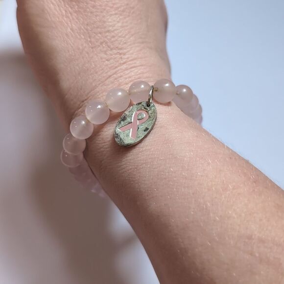 436 Rose Quartz Pink Beaded Bracelet with Silver Pink Ribbon Breast Cancer Charm - Picture 2 of 5